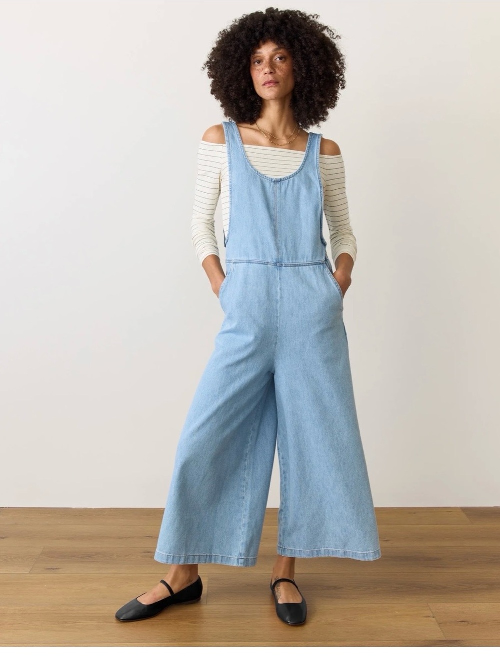 Layla denim overalls: Marine Layer Light Blue Wide-Leg Denim Overalls - Picture 1 of 7